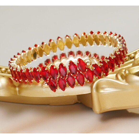 Gold Red Rhinestone Cuff Bracelet Cubic Zirconia Tennis Bracelets for Women - Picture 4 of 7